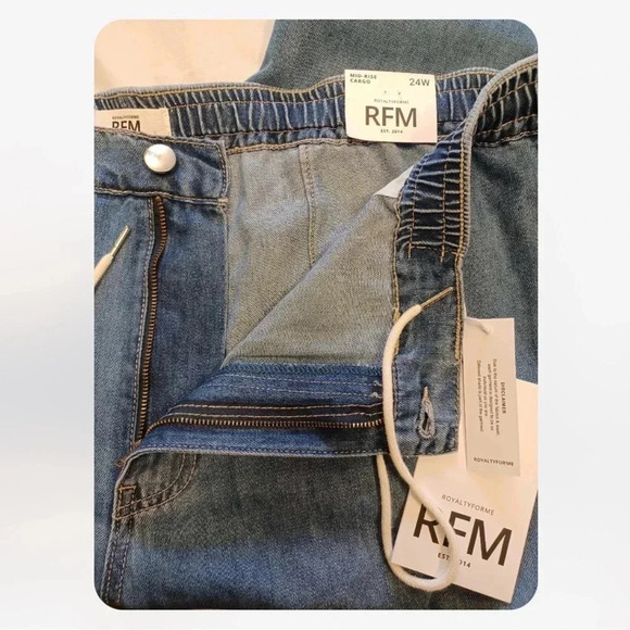 Royalty For Me RFM Cargo Medium Wash Elastic Waist Jeans  Size 24W - Picture 4 of 8